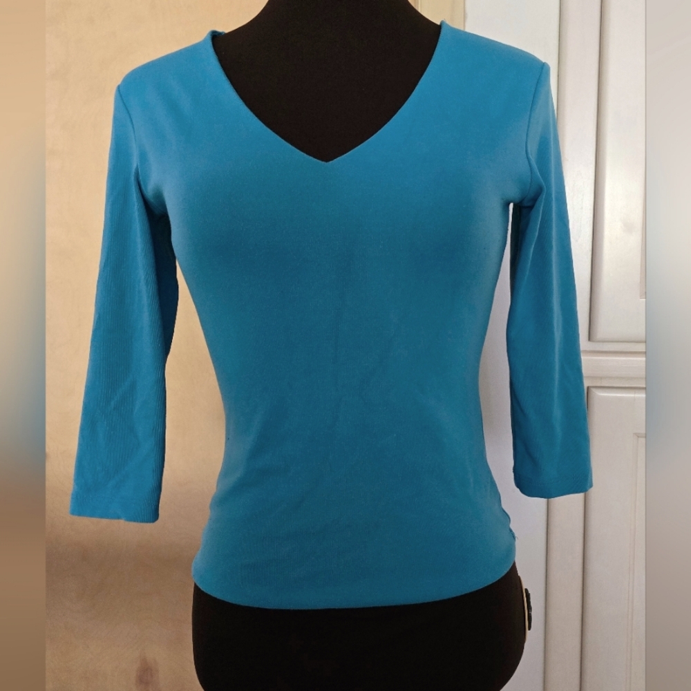 🩵Carilyn Vaile Petite Stretch Blue/Aqua V-Neck 3/4 Sleeve Top